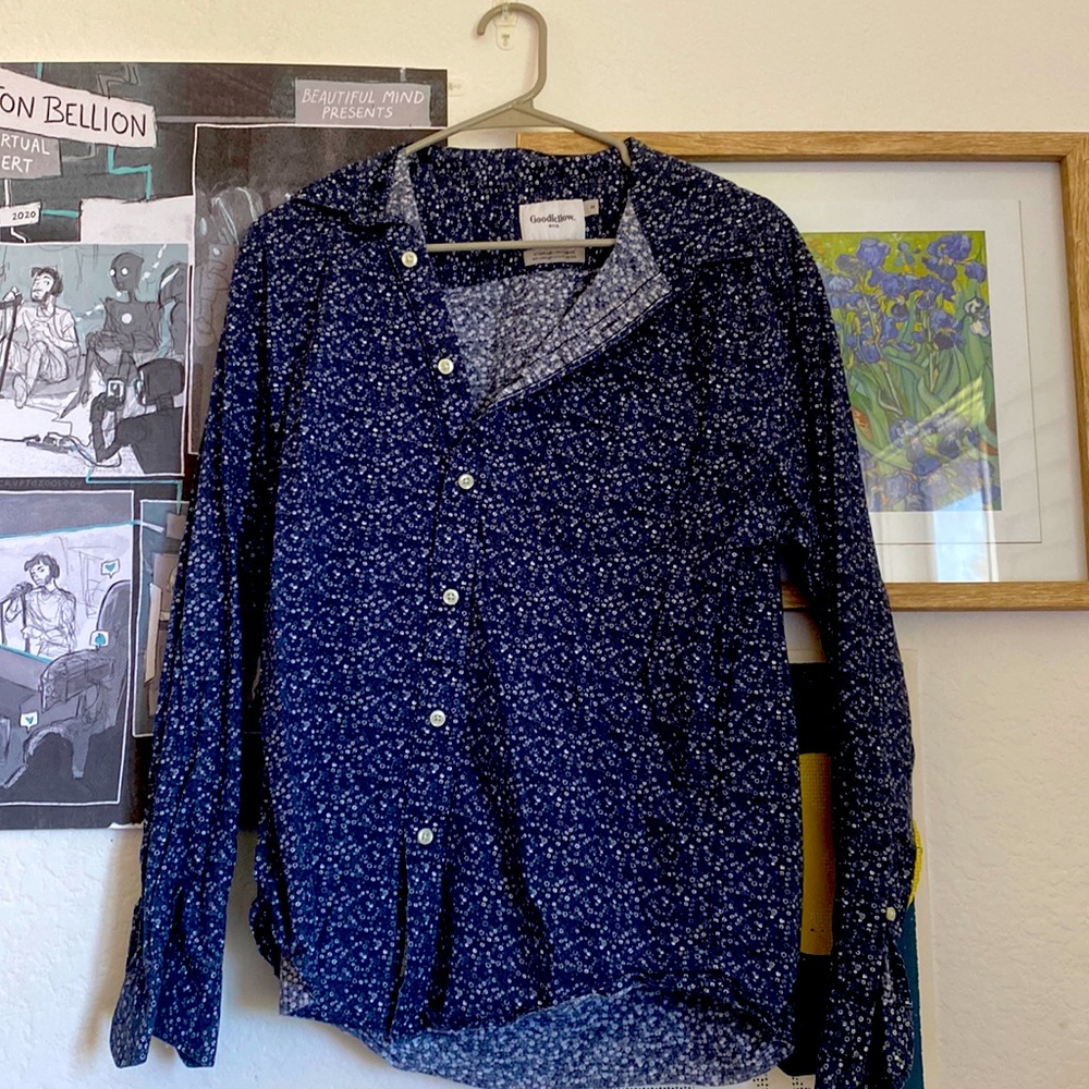 Blue Long Sleeve Button Down with small white Floral Print